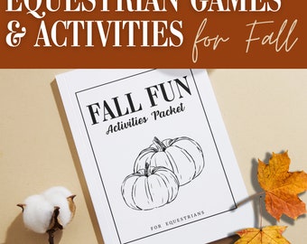 Puede incluir: Un folleto blanco con el título "Fall Fun Activities Packet" y una ilustración en blanco y negro de dos calabazas. El folleto está sobre una superficie beige con bolas de algodón y hojas de otoño.
