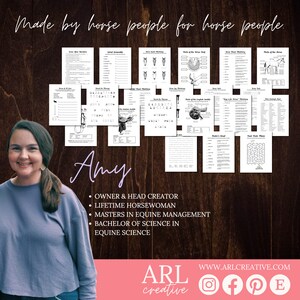 May include: A woman with long brown hair and a pink shirt stands in front of a wood background. The text "Made by horse people for horse people." is at the top of the image. The woman's name is "Amy" and her credentials are listed below. The text "ARL creative" is at the bottom of the image with social media icons.