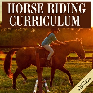 May include: A young person wearing a helmet and riding a brown horse over a low jump in a grassy field. The sun is setting in the background, casting a warm glow on the scene. The image is titled "Horse Riding Curriculum - Digital Download".
