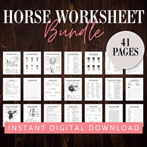 May include: A digital download bundle of 41 printable horse worksheets. The worksheets include activities like labeling parts of the horse, word searches, and mazes. The bundle is advertised as an instant download.