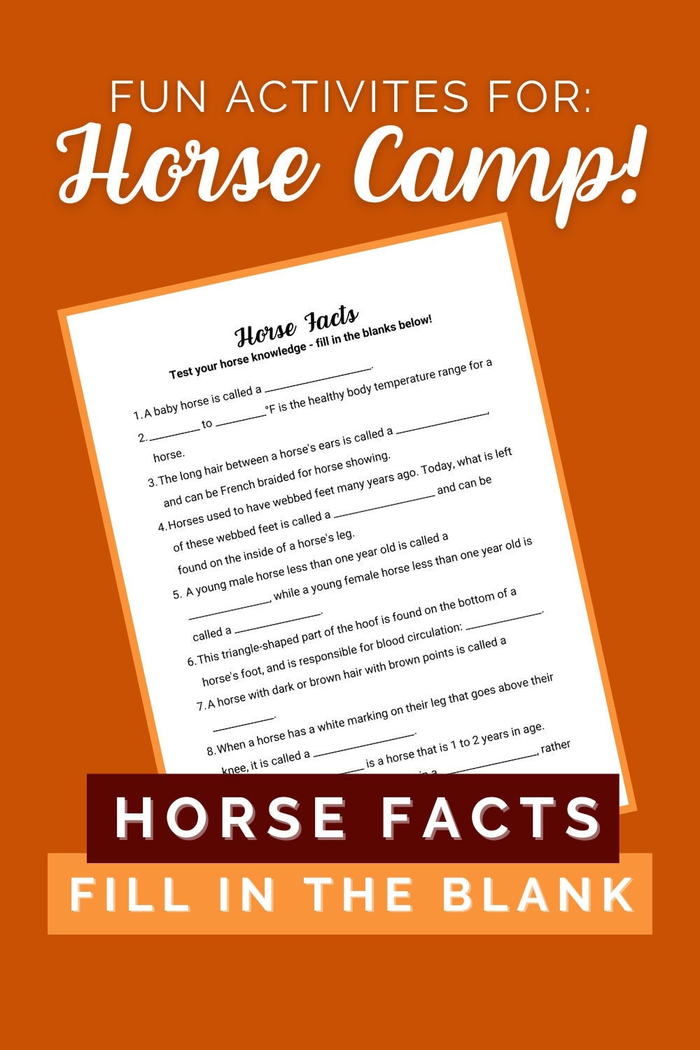Horse Facts Worksheet - Fill in the Blank - Etsy