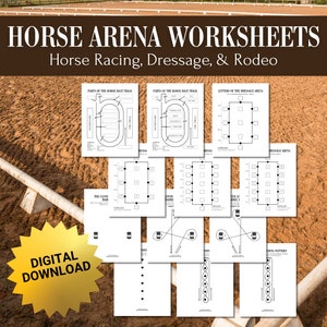 Op de afbeelding: Een digitale download van printbare werkbladen voor paardenarena-indelingen. De werkbladen bevatten diagrammen van een paardenrenbaan, een dressuur-arena en een rodeo-arena. De werkbladen zijn gelabeld met de tekst "Horse Arena Worksheets" en "Horse Racing, Dressage, & Rodeo".