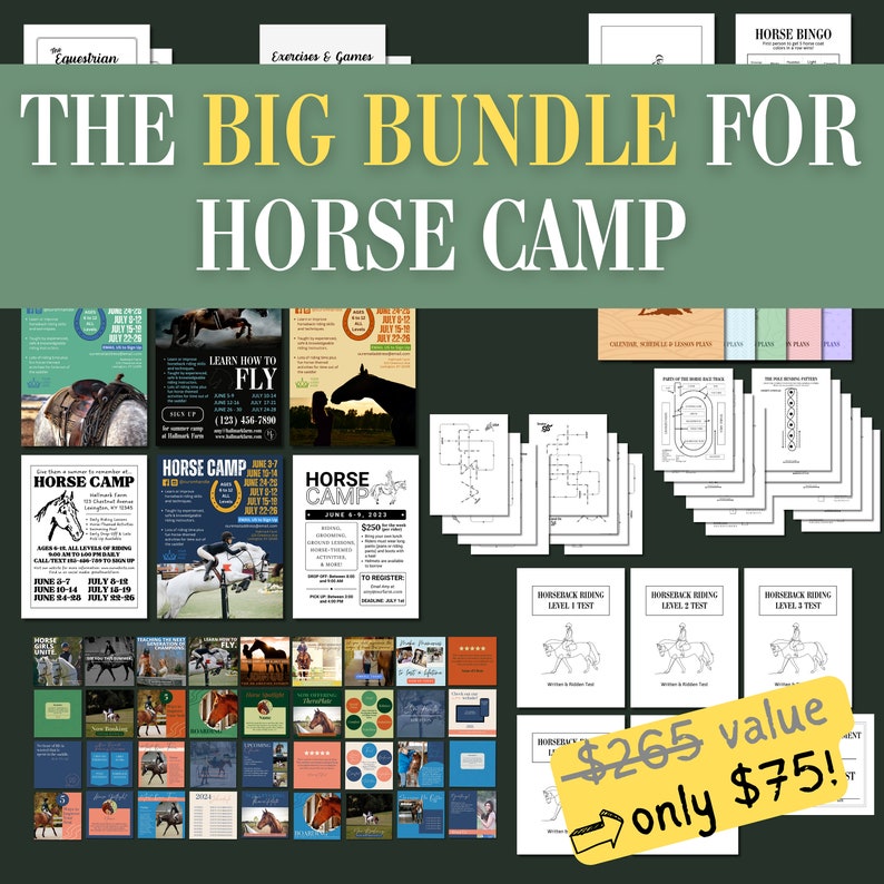 May include: A colorful digital collage promoting a horse camp bundle. The bundle includes lesson plans, games, and activities for horse riding. The text "THE BIG BUNDLE FOR HORSE CAMP" is in large yellow letters. The text "$265 value only $75!" is in a yellow speech bubble.