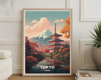 Tokyo Japan Travel Poster, Vintage Pagoda Mount Fuji Art Print