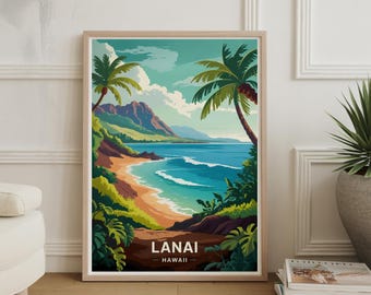 以下が含まれることがあります： 鮮やかな海岸の風景を描いた、額入りのアートプリント。 ターコイズブルーの海、緑豊かな植物、ヤシの木が青い空の下に描かれています。 プリントの下部には「LANAI - HAWAII」の文字があります。