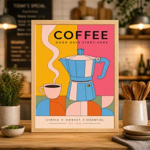 May include: A framed art print with a coffee theme. The print features a blue coffee maker, a pink coffee cup, and the word "COFFEE" in large letters. The text "GOOD DAYS START HERE" is also included.