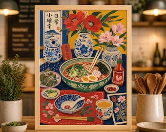 May include: A framed print featuring a vibrant illustration of a ramen bowl, chopsticks, and various side dishes. The artwork includes floral arrangements in blue and white vases, a red rooster sauce bottle, and Japanese text. The color palette includes red, blue, and yellow.