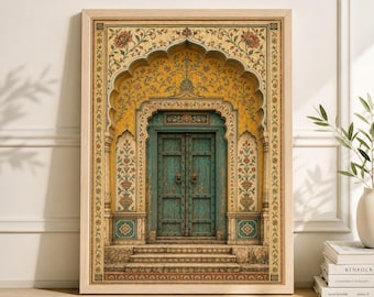 Golden Peacock Door Print, Indian Palace Wall Art, Jaipur Architecture Poster, Ornate Home Decor