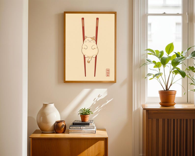 Lámina artística de gato japonés, decoración de pared minimalista zen, póster de palillos con gato imagen 9