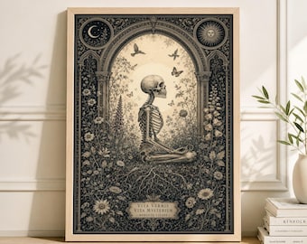 Lámina de meditación con esqueleto gótico, arte botánico oscuro y macabro, decoración vintage inspirada en la naturaleza (descarga digital).