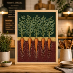 May include: A framed art print featuring a botanical illustration of carrots. The artwork depicts five carrots with their green tops and roots, set against a dark green, tan, and maroon background. The print is in a light-colored wooden frame.
