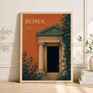 Op de afbeelding: Een ingelijste kunstdruk met een klassiek Romeins architectuurontwerp. De print heeft een oranje achtergrond met een gedetailleerde afbeelding van een deuropening met zuilen, met het woord "ROMA". Groen gebladerte omlijst de deuropening.