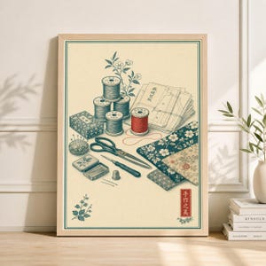May include: A framed print featuring sewing tools and supplies. The illustration includes spools of thread, scissors, needles, a thimble, and fabric swatches. The color palette is soft, with a vintage aesthetic, and includes text in Japanese.