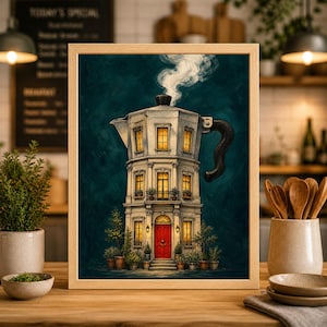 May include: A framed art print depicts a building shaped like a coffee pot. The building is white with yellow windows and a red door. Potted plants line the base. Steam rises from the top against a dark teal background.