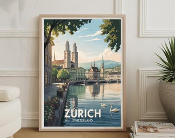 Póster de viaje vintage de Zúrich, Suiza: cuadro con paisaje urbano panorámico.