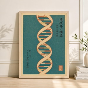 May include: A framed print featuring a stylized DNA double helix in shades of beige, orange, and teal. Japanese text is visible, including "Structure of Genes" and the name of the artist. The artwork is presented in a wooden frame.