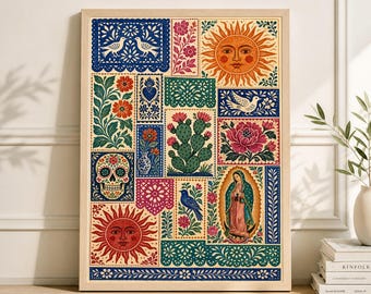 Lámina de collage de arte popular mexicano, decoración de pared estilo boho del suroeste, póster textil vintage