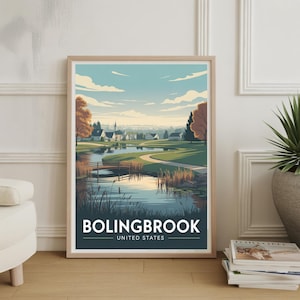 Pode incluir: Impressão artística emoldurada com uma paisagem de Bolingbrook, Estados Unidos. A obra de arte retrata um lago com uma ponte, vegetação e um caminho para uma cidade. O céu é azul e branco, e a impressão está em uma moldura de madeira. O texto diz 'Bolingbrook, United States'.