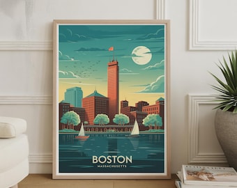 Boston Skyline Watercolor Art Print: Massachusetts Cityscape