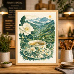 以下が含まれることがあります： 花柄のティーカップとソーサーが描かれた、額入りの水彩画プリント。 ティーカップにはティーバッグが入ったお茶が入っており、茶畑のある山の風景を背景にしています。 アートワークは木製のフレームに入っています。