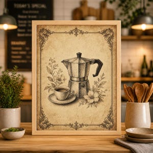 May include: Framed sepia-toned print featuring a coffee pot, cup, and floral accents. The artwork has a vintage aesthetic, with a decorative border and a light brown background. The coffee pot is silver, and the cup is filled with coffee.