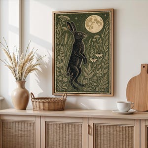 Hare in Moonlit Meadow Poster, Japanese Woodblock Art Print, Linocut Woodland Wall Decor image 5