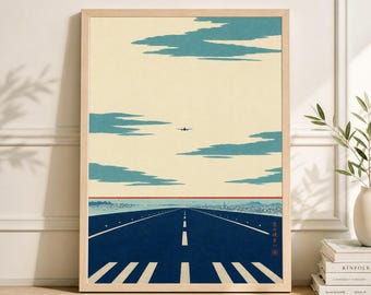 Póster de pista japonesa / Arte paisajístico minimalista de aviación / Ilustración de viaje con cielo azul