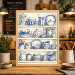 May include: A framed watercolor print of a kitchen shelf filled with blue and white ceramic dishware. The collection includes bowls, plates, teacups, teapots, and pitchers, all with various patterns. The shelf is made of light wood.