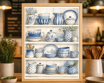 Blau und Weiß Küchenregal Druck, Aquarell Bauernhaus Kunst, Cottage Küche Wand Dekor