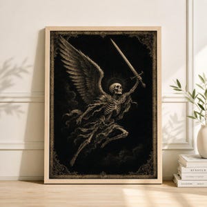Vintage Macabre Angel Skeleton Print, Dark Academia Gothic Wall Art, Sword Engraving