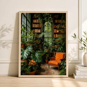 May include: A framed print depicting a tranquil indoor scene. The image shows a room filled with plants, bookshelves, and an orange armchair. The room has large windows and a brick floor, creating a warm and inviting atmosphere.