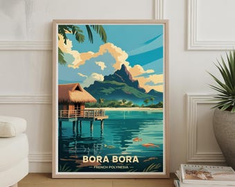 May include: A framed art print featuring a tropical Bora Bora landscape. The artwork depicts a hut over turquoise water, a mountain, and the text "Bora Bora - French Polynesia". The sky is blue with fluffy clouds, and the print is in a wooden frame.