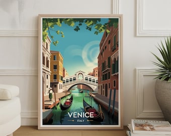 Venice Italy Travel Poster: Vintage Rialto Bridge Watercolor Art