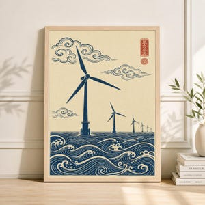 May include: A framed print featuring a stylized illustration of offshore wind turbines. The artwork depicts dark blue turbines rising from stylized ocean waves, with clouds in the background. The text in the upper right corner is in Japanese.