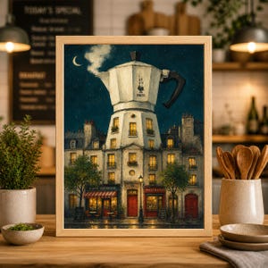 Puede incluir: Una impresión artística enmarcada representa una cafetera transformada en un edificio, ambientada en un cielo nocturno con una luna creciente. El edificio tiene ventanas iluminadas, con las palabras "CAFE EXPRESSO" y "MACINATO" visibles. Una escena de café europea.