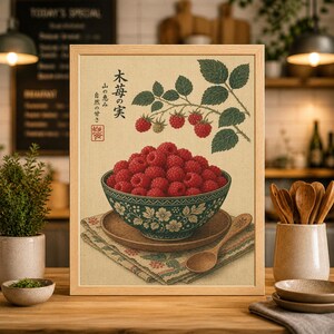 May include: A framed print featuring a bowl overflowing with ripe red raspberries. The bowl is decorated with a floral pattern and sits on a wooden plate and a patterned cloth. A wooden spoon rests nearby, and Japanese text is visible.