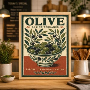 May include: A framed vintage poster with the word "OLIVE" in green. The poster depicts a bowl of olives, olive branches, and Italian text. The color scheme includes green, beige, and red, evoking a Mediterranean theme.
