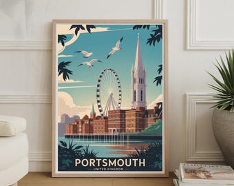 Póster de paisaje urbano de Portsmouth: Impresión artística de viajes por el Reino Unido, decoración costera para el hogar
