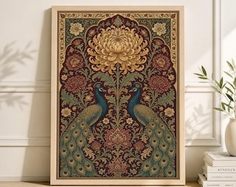 Indian Peacock Floral Wall Art, Mughal Inspired Red and Gold Botanical Print