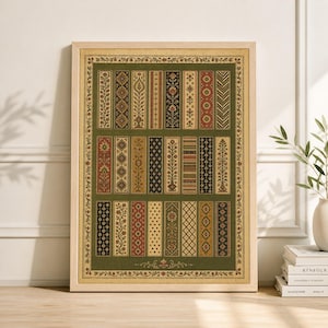 Olivgrön textilmönstrad poster | Vintage mattmotivkonst | Geometrisk lapptäckedesign