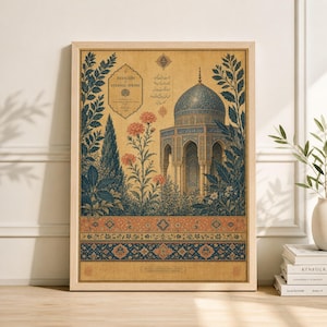 May include: A framed print featuring a detailed illustration of an ornate pavilion with a blue dome, surrounded by lush foliage and flowers. The artwork has a vintage aesthetic with a warm color palette, including shades of beige, blue, and orange. The print includes text in English and another language.