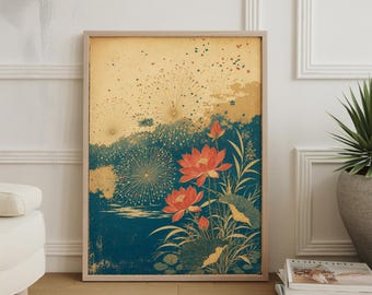 Green Red Firework Poster, Japanese Floral Fireworks Art, Textured Asian Illustration