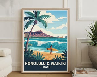 May include: A framed art print featuring a stylized illustration of Honolulu & Waikiki, Hawaii. The artwork depicts a beach scene with a surfer, palm trees, ocean waves, and Diamond Head in the background. The print has a wooden frame.