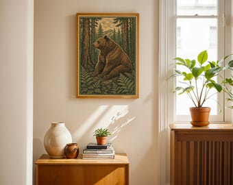 Lámina vintage de oso pardo, póster rústico de fauna del bosque, arte mural en linóleo con motivos forestales.