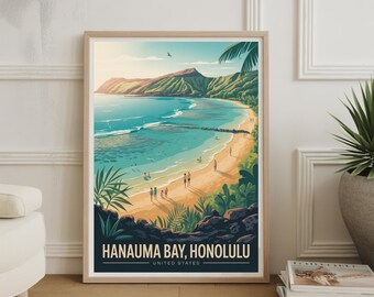 Hanauma Bay Honolulu Travel Poster: Tropical Beach Wall Art, Hawaii Vacation Memory Print
