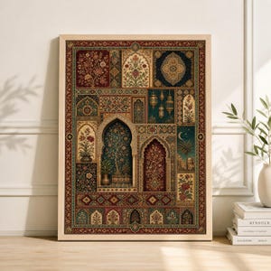 May include: A framed print with a patchwork design of decorative panels. The panels display floral motifs, archways, and geometric patterns in red, green, gold, and teal. The artwork is framed in a light-coloured wooden frame.