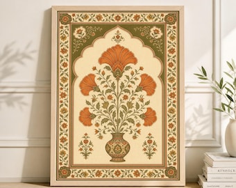Indian Floral Wall Art, Traditional Botanical Print, Mughal Inspired Boho Decor