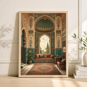 May include: A framed print depicting an ornate interior scene. The artwork showcases a room with teal and gold patterned walls, a red rug, and a window overlooking a landscape. The room includes a sofa with green cushions and wooden furniture.
