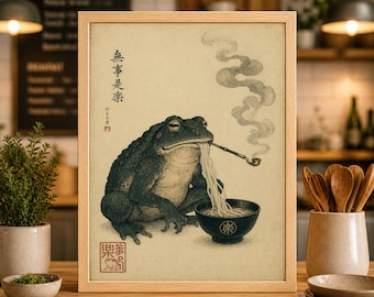 Impression de grenouille mangeant des ramen, illustration de style japonais à la gravure sur bois, affiche inspirée du sumi-e