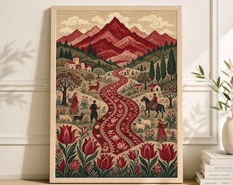 May include: Framed art print depicting a pastoral scene with a red mountain range and a winding red path. The artwork features figures, animals, and buildings in a folk art style, with red and green hues dominating the landscape. The print is in a light wood frame.